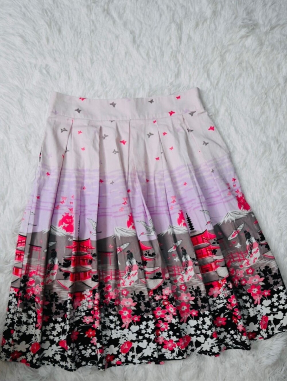 Sakura Pleated Skirt Midi Size L Geisha Japanese Cherry Blossoms Floral NWOT
